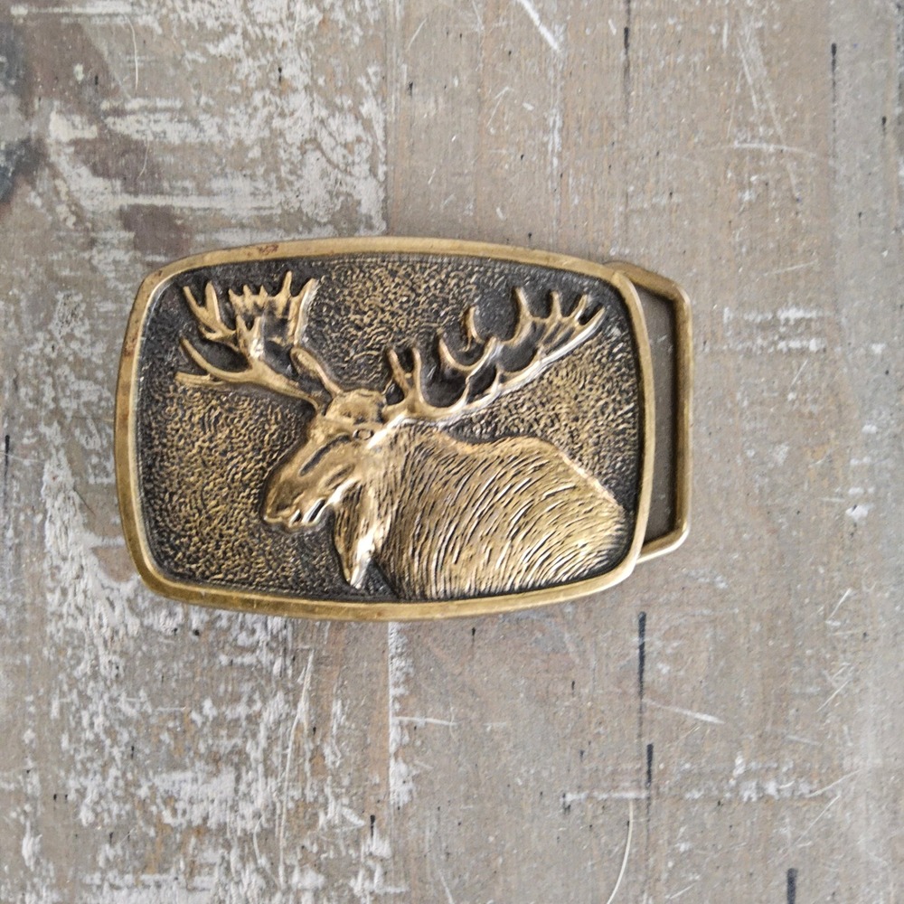 BTS Solid Brass Moose Belt Buckle Vintage Western Hunting USA Rustic Ranch